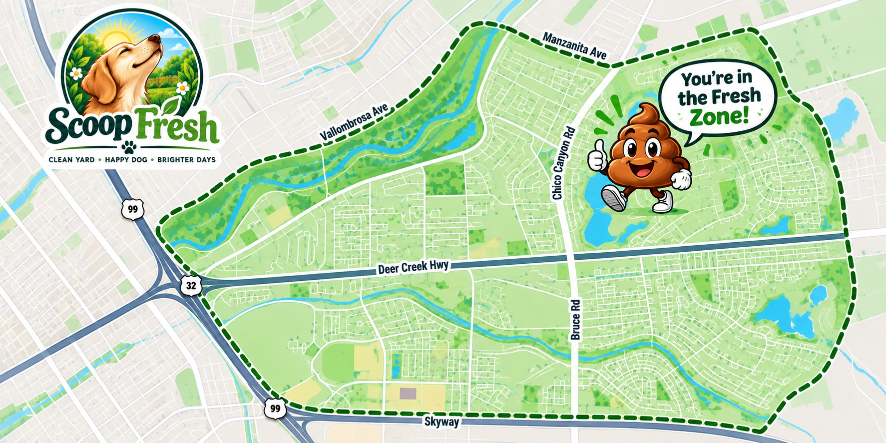 Illustrated map of the Scoop Fresh Fresh Zone service area in Southeast Chico, showing the approximate boundary around the Bruce Road corridor, Chico Canyon Road, Manzanita Avenue, Vallombrosa Avenue, and Skyway